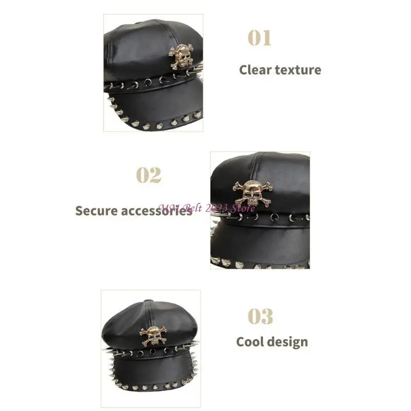 

49ME Берет ручной работы с заклепками и шипами Элегантная шляпа художника с черепом Шляпа Cabbie Baker Boy Hat
