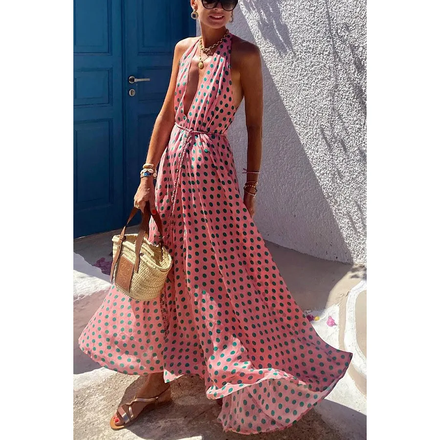 Mulheres primavera e verão novo pescoço vestido casual solto férias feminino grande vestido profundo decote em v cintura alta