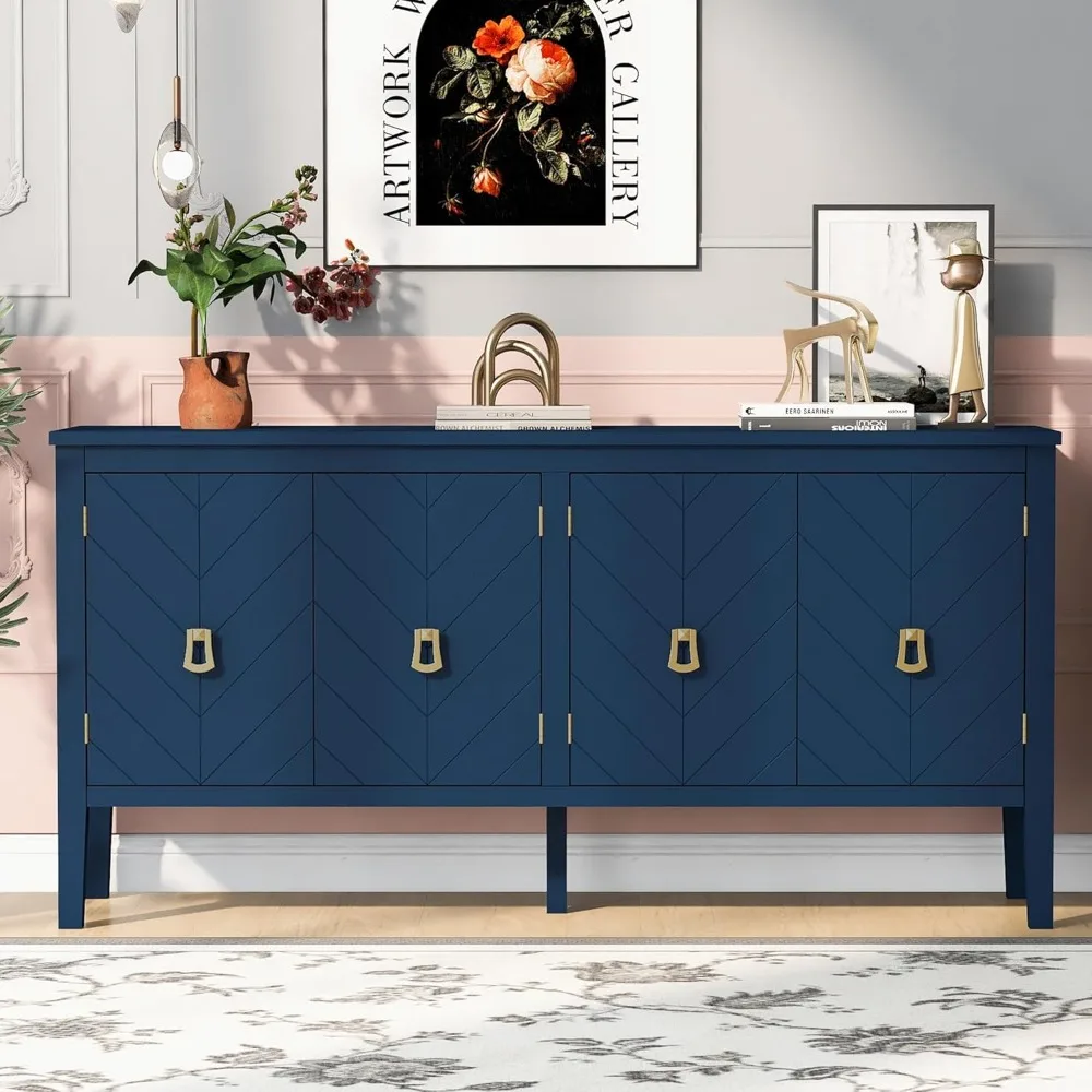 Geometric Line Patterns Sideboard with Four Door and Vintage Metal Handles