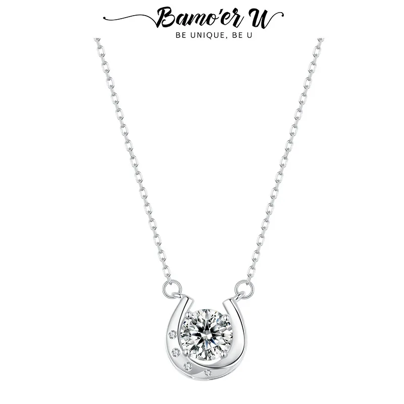 Bamoer U 1CT Horseshoe Moissanite Necklace Minimalist Round Cut U Shape Dancing Pendant Original For Woman Valentine Lucky Gift