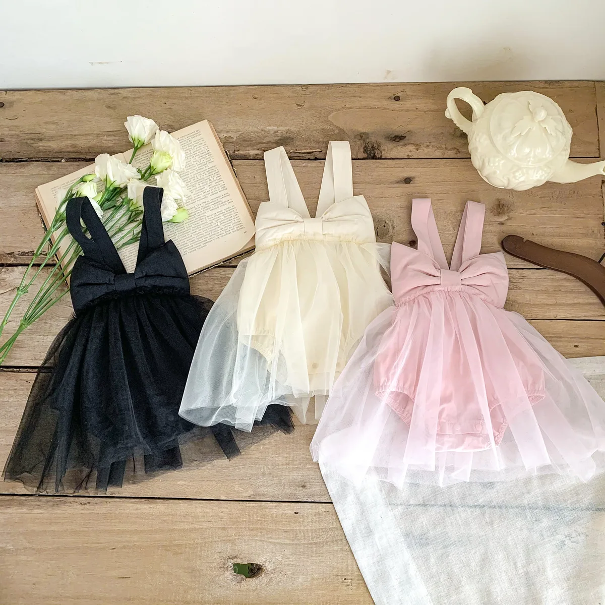 2025 Summer New Baby Girl Sleeveless Bow Sling Bodysuit Infant Toddler Jumpsuit Girl Gauze Princess Dress 100 Days Clothes 0-24M