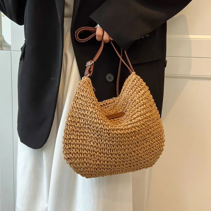 

Summer Beach Vacation Straw Woven Handbag, Women Paper Rope Casual Crossbody Shoulder Bag
