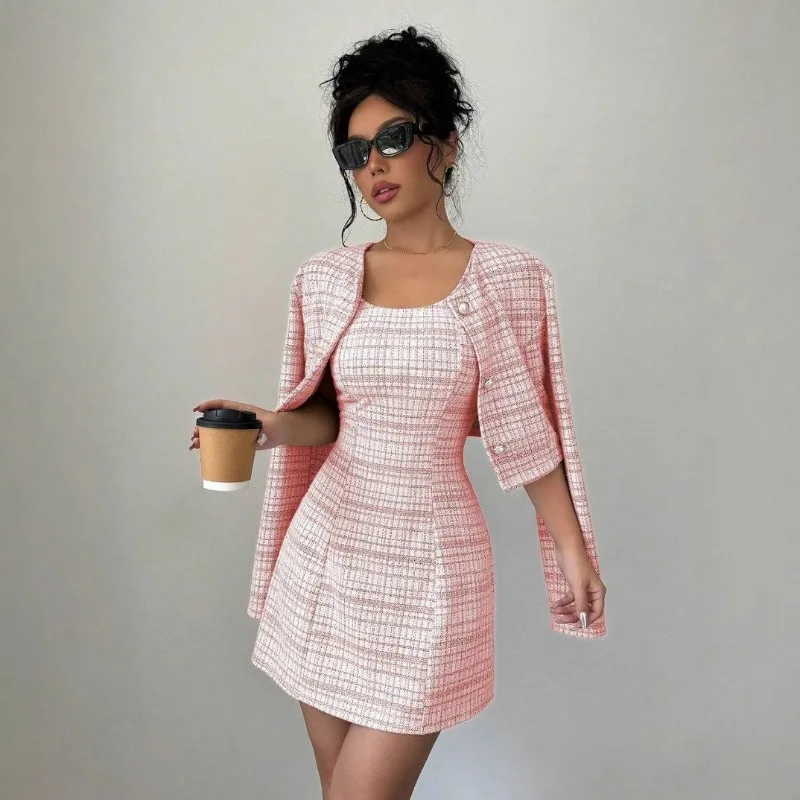 Elegantes 2-teiliges Tweed-Set für Damen, Herbst-Winter Büro-Outfit, Kariertes Ärmelloses Korsett-Minikleid und Kurze Jacke