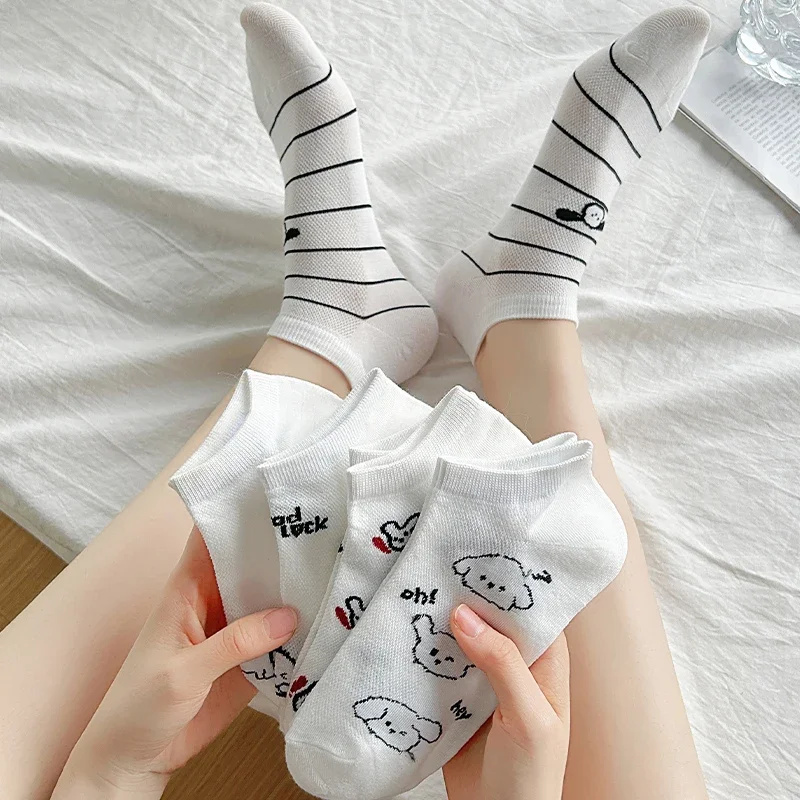 

5/10 Pairs Women's Summer Mesh Ankle Socks Thin Cartoon Black/White Simple Casual White Crew Socks Breathable Women Sock