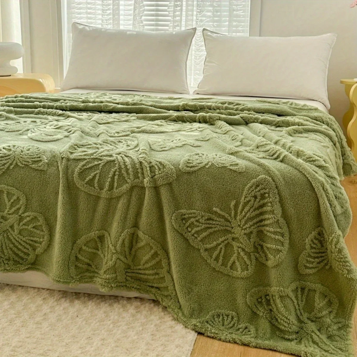 1pc Minimalist Butterfly Jacquard Faux Long Plush Lamb Wool Blanket, Soft and Warm, Can Be Used As Bedspread or Shawl