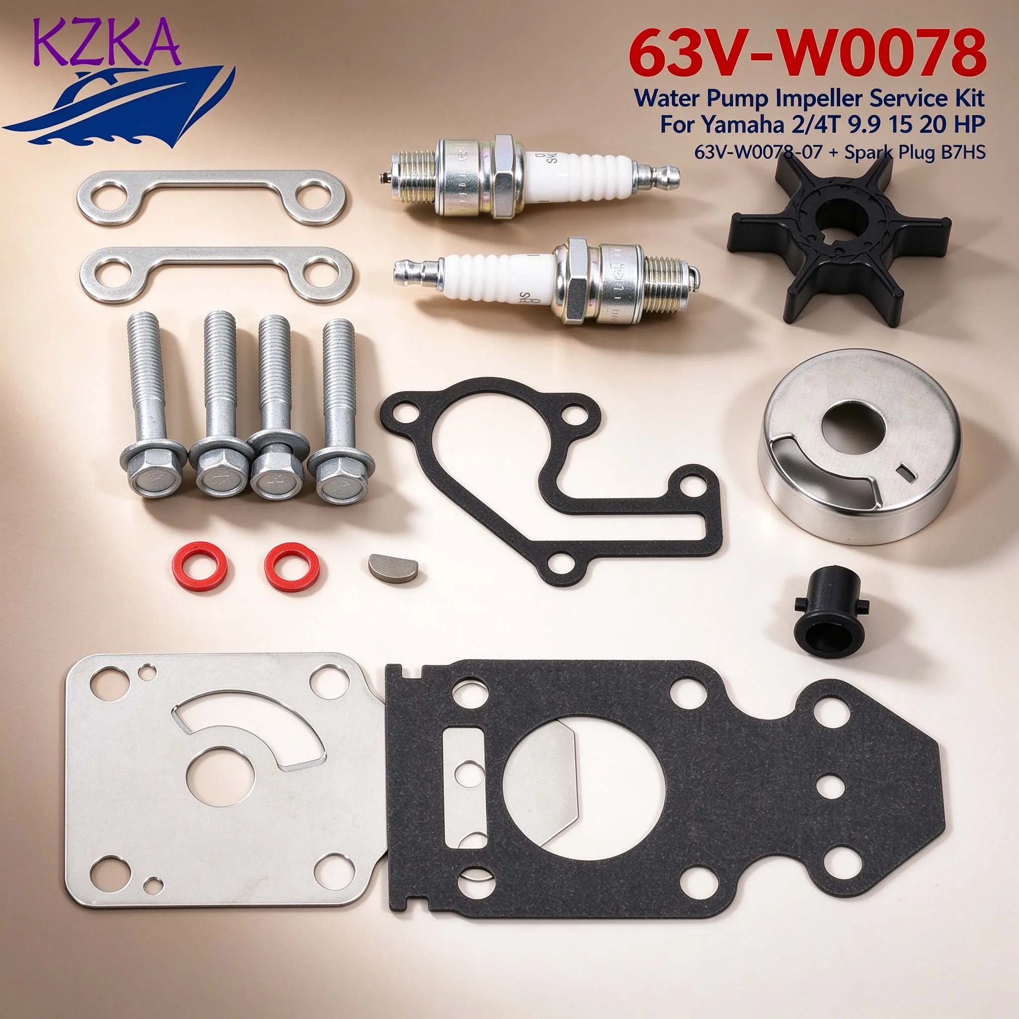 Boat Motor Water Pump Impeller Service Kit 63V-W0078 For Yamaha 2/4T 9.9 15 20 HP 63V-W0078-07 With SPARK PLUG B7HS Accessories