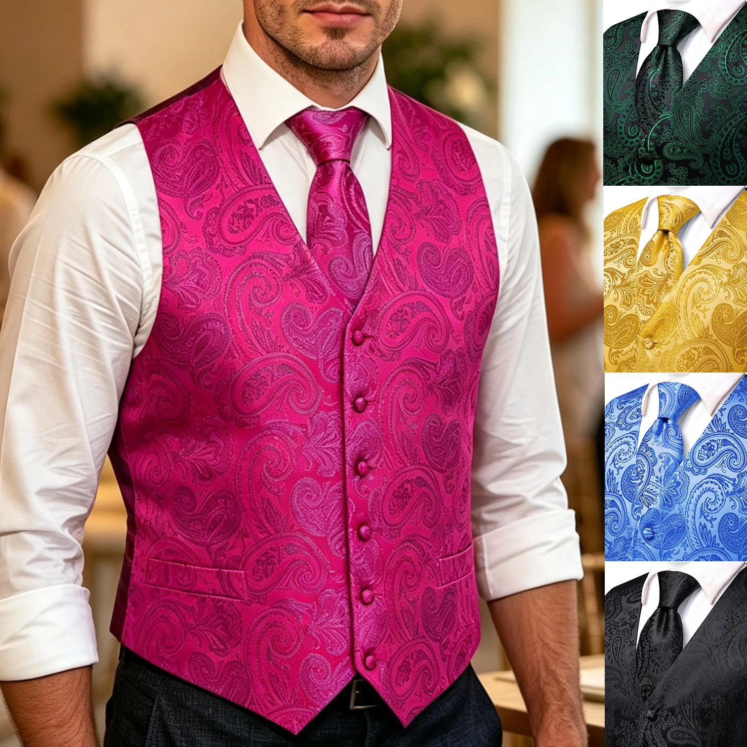 VERVEROW 3PCS Magenta Paisley Waistcoat Set V-neck Suit Vest Tie Pocket Square Formal Wedding Party Dress Vest