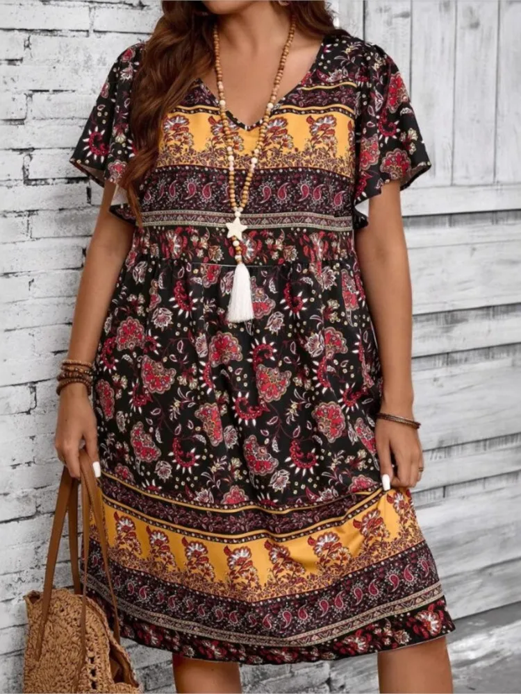 New Boho Fashion Print Loose Dress Female Casual V Neck Short Sleeve Dresses For Women 2025 Summer Beach Holiday Vintage Dress