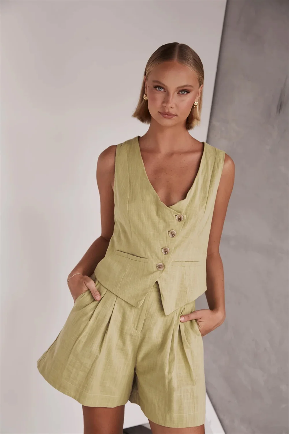 Women Linen Vest Shorts Two Piece Set 2024 Summer Casual V-neck Sleeveless Single Breasted Waistcoat High Waist Shorts Suit