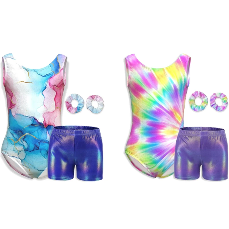 Leotards for Girls Gymnastics Kids Shiny Multi Piece Set Combination Tumbling Outfits with Shorts Hairband