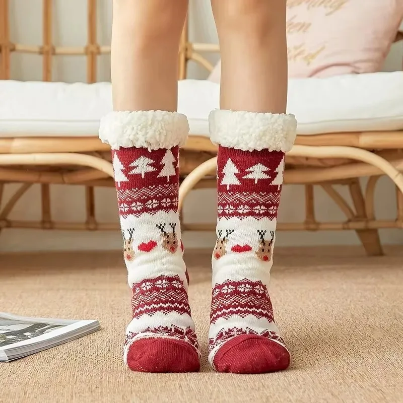 Winter Warm Socks Women Penguin Plush Soft Female Non Grip Floor Slippers Short Sock Fuzzy Fluffy Deer Elk Bear Christmas Gift