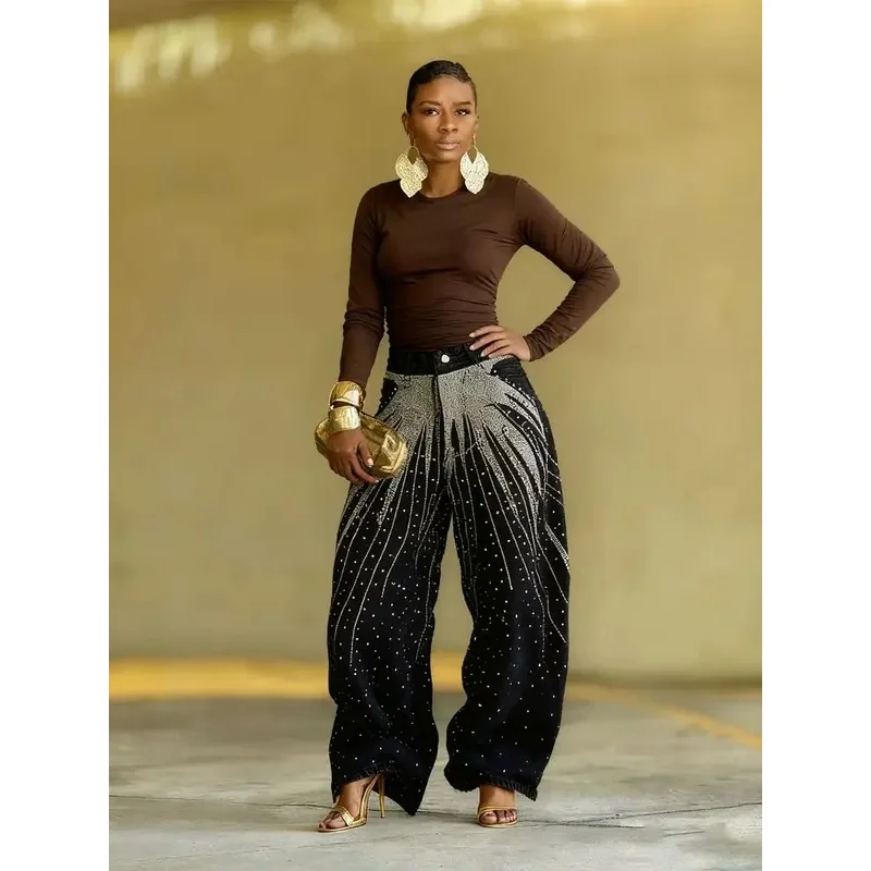 BKQU Scattering Star Rhinestone Straight Jeans Y2K Women Fashion Street High Waist Loose Wide Leg Denim Pants 2026 Trend Jeans