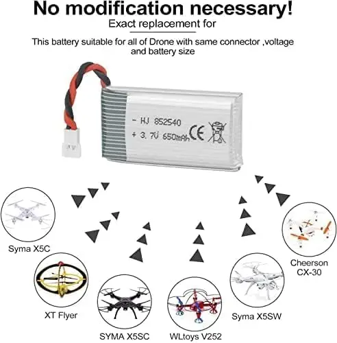 2PCS 3.7V 650mAh MX2.0 Lipo Battery for Syma X5C X5 RC Quadcopter Drone with XH2.54/Molex Plug with USB Charger Drone Batteries