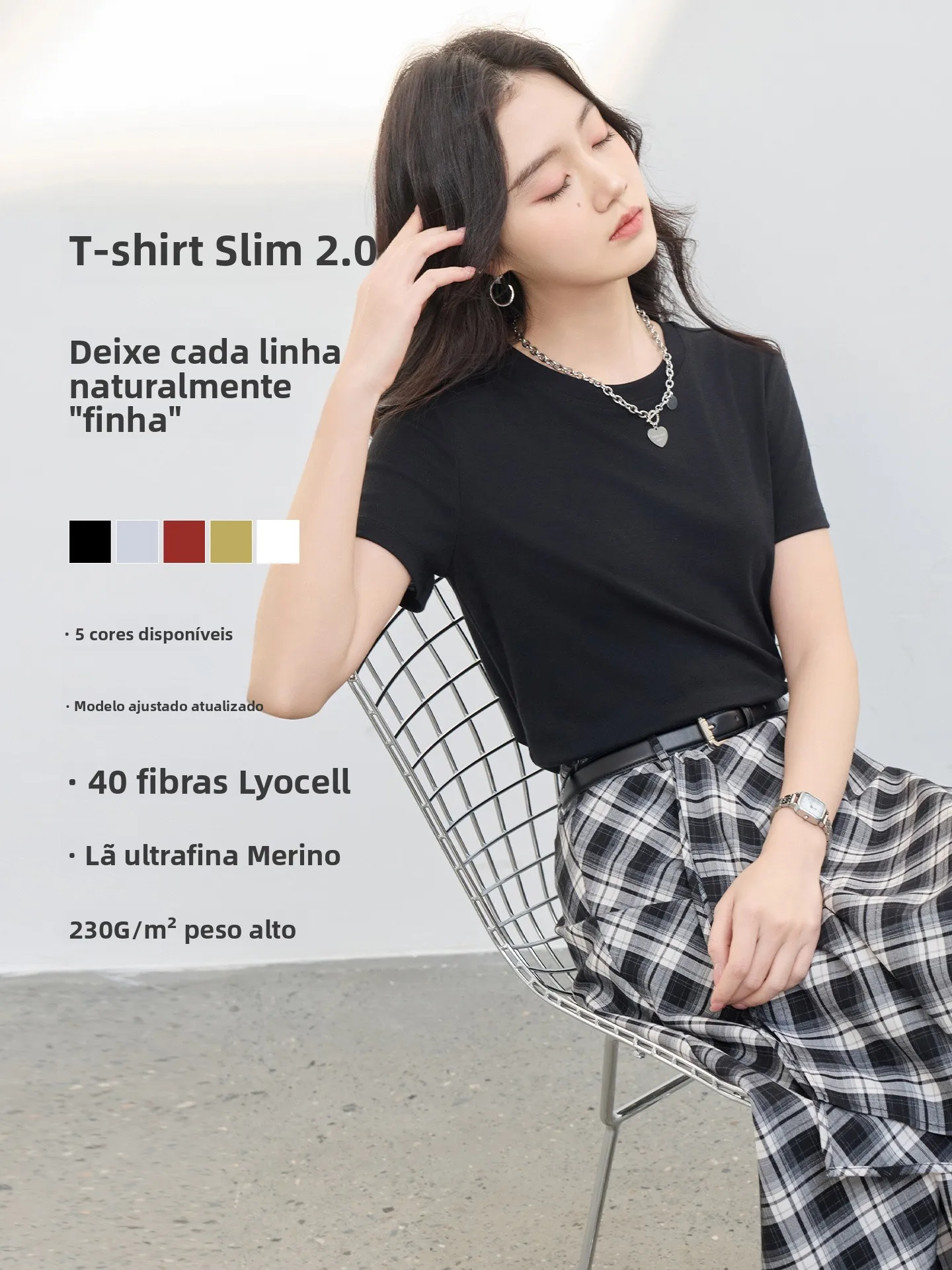 Cseta Fena Liao Liao Exclusiva de Lã Laise Slim com Gola Redonda e Manga Curta, Três Cores, Novo Estilo Primavera, Aju...