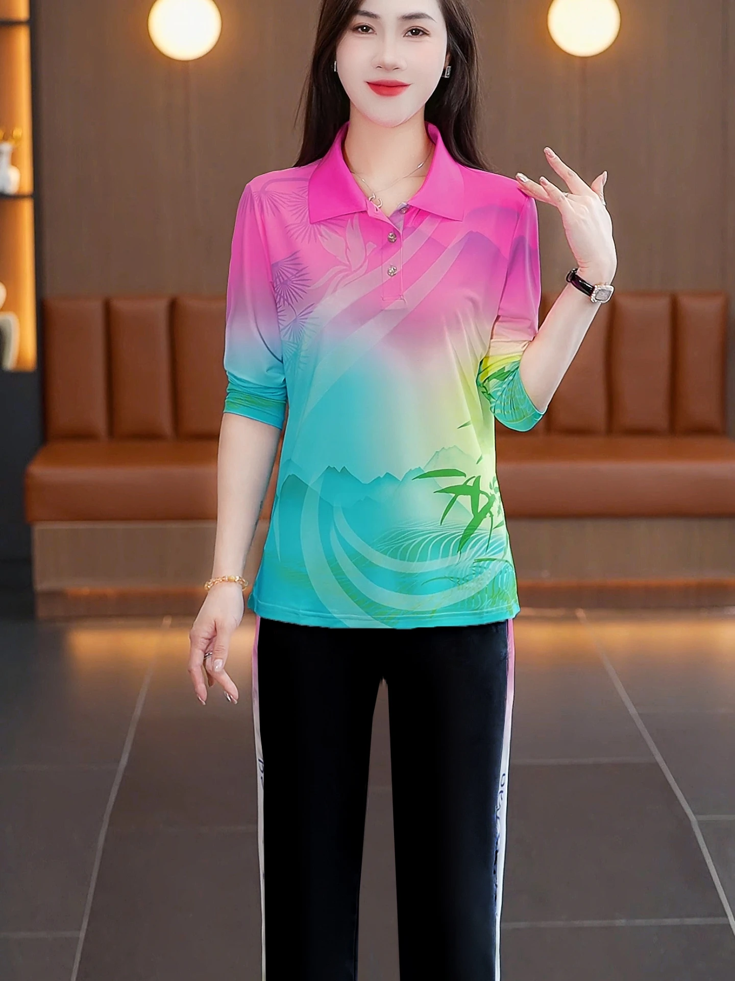 Qui Dry adient Color conjunto de ropa deportiva mujer primavera otoño nueva Faion traje de baile cuadrado correr mamá conjunto de dos piezas