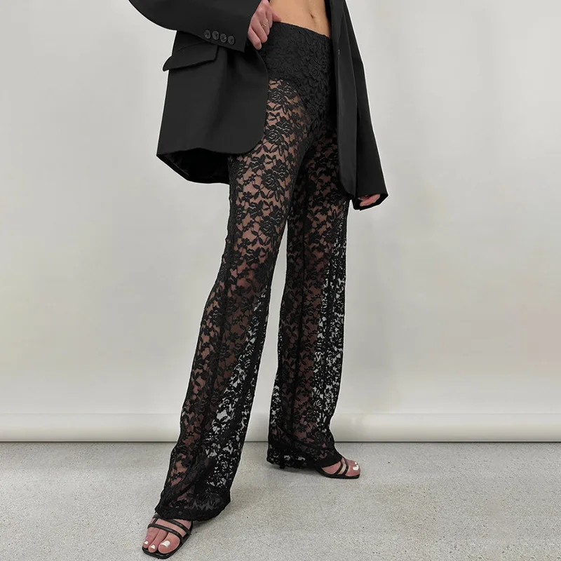 Sexy See Through Lace Pants Women Fashion Solid Color All-match High Waist Straight Trousers Club Commuting Streetwear Female