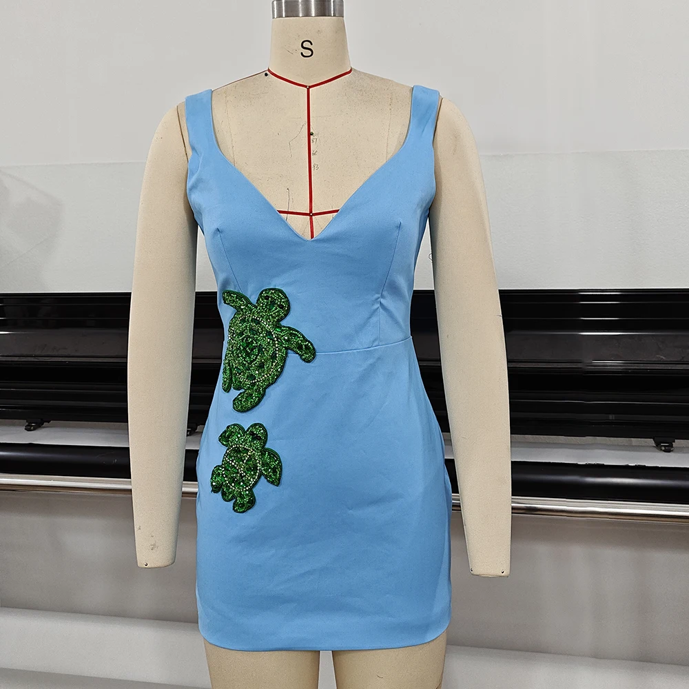 Elegant Blue Beaded Turtle Mini Dress Sexy Corset Lace Up Bodycon Dresses Fashionable Dinner Party Cocktail Graduation Gown