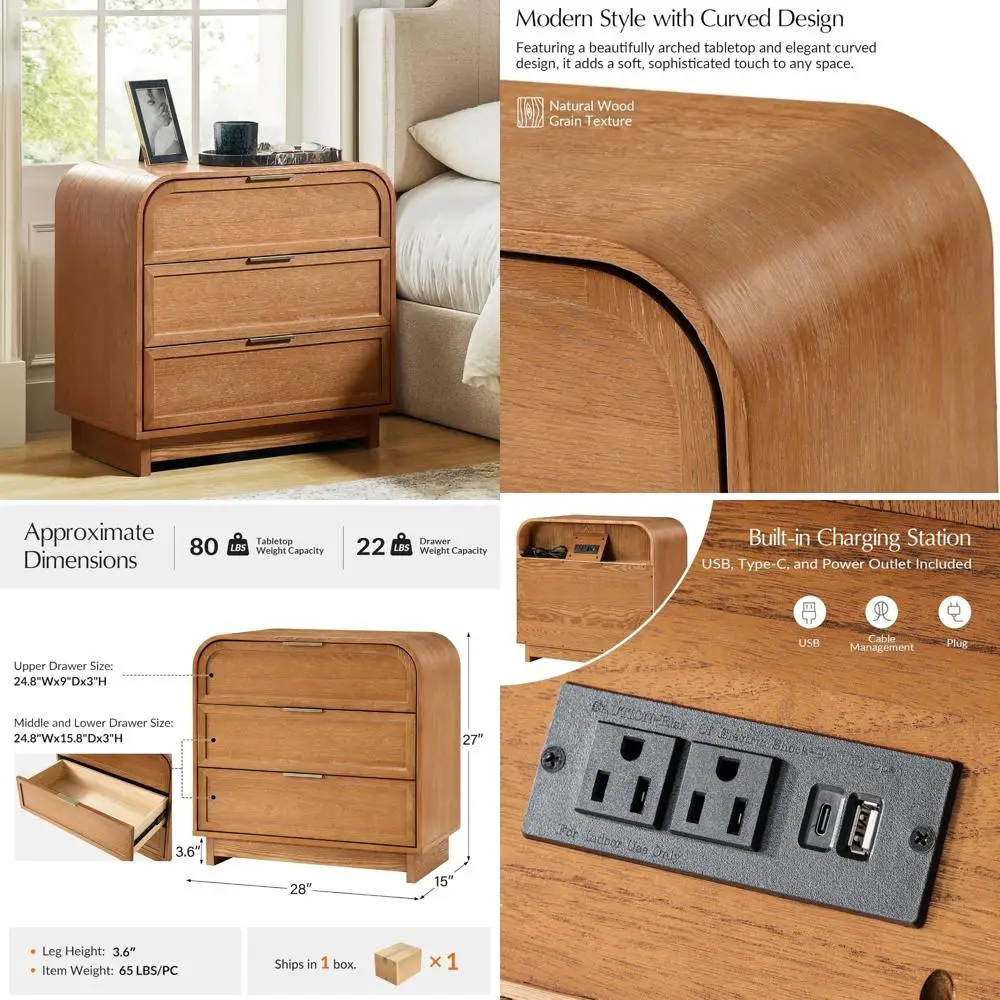 HULALA HOME Mid Century Modern Nightstand with Charging Station, 3 Drawers Nightstand with Solid Wood Legs, Bedside Table with C