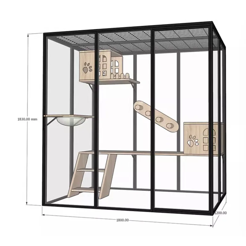

Premium Aluminum Profiles Pet Products Large Cat Bed Cat House Indoor Black Pet Cage Frame With Clear Glass Wood Fitting Inside