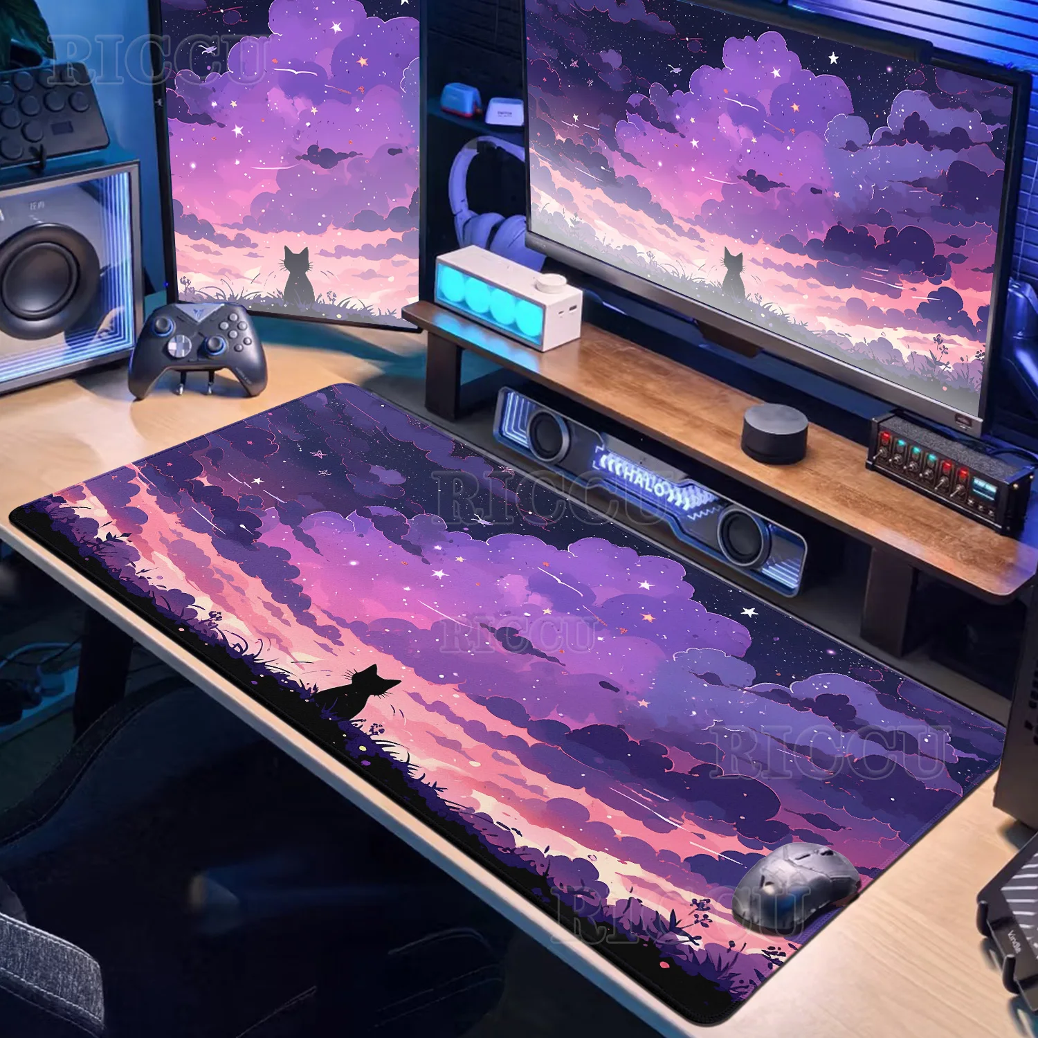 

Large Gamer Black Cat Mouse Pad Anti-slip Picturesque Scenery Office Accessories Keyboard Extension Mat Setup Gaming Decoration