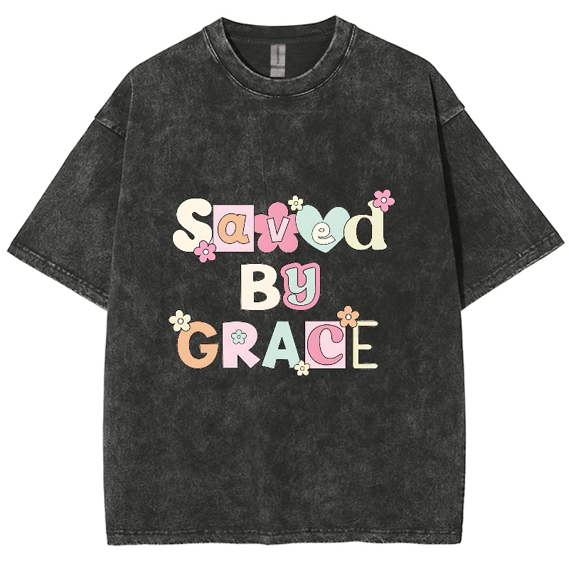 Saved By Grace Y2K Washed Short Sleeves T-Shirt, Creative Casual Unisex Oversized Vintage Streetwear New Fashion Plus-Size Tee