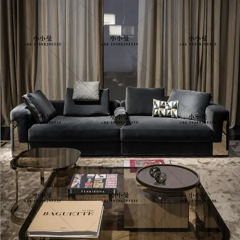 Italian Modern Minimalist Luxury Villa Living Room Furniture Matte Fabric Leather Straight Row Combination Sofa High End