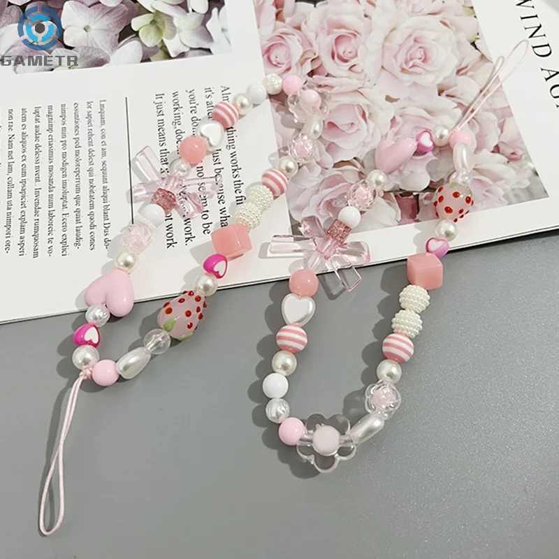 Sweet Strawberry Flower Bead Phone Strap Charm Chain Knot Cellphone Lanyard Keychain Woman Girl Bag Camera Phone Case Pendant