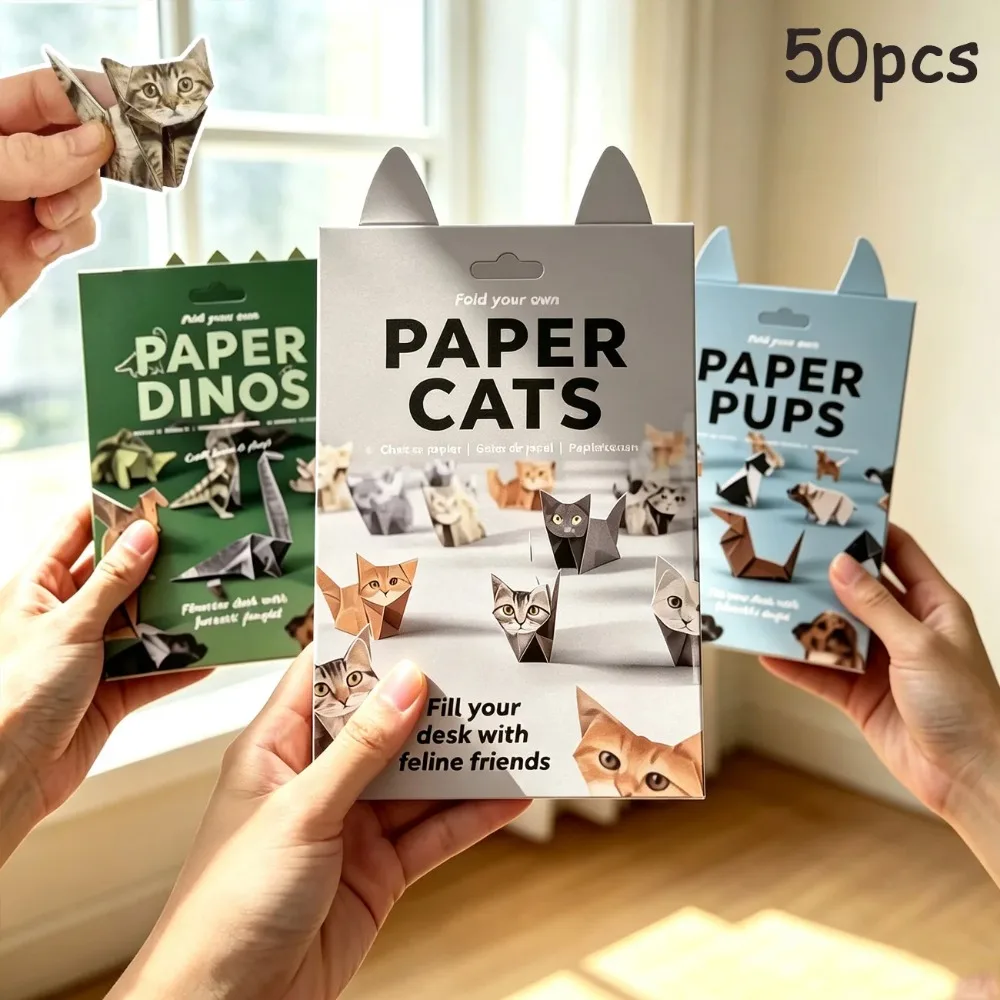 50 Pieces of 3D Animal Origami Handmade, Foldable Cat, Dog,Dinosaur Paper Models Toys , Inspiring Imagination And Creative Gift