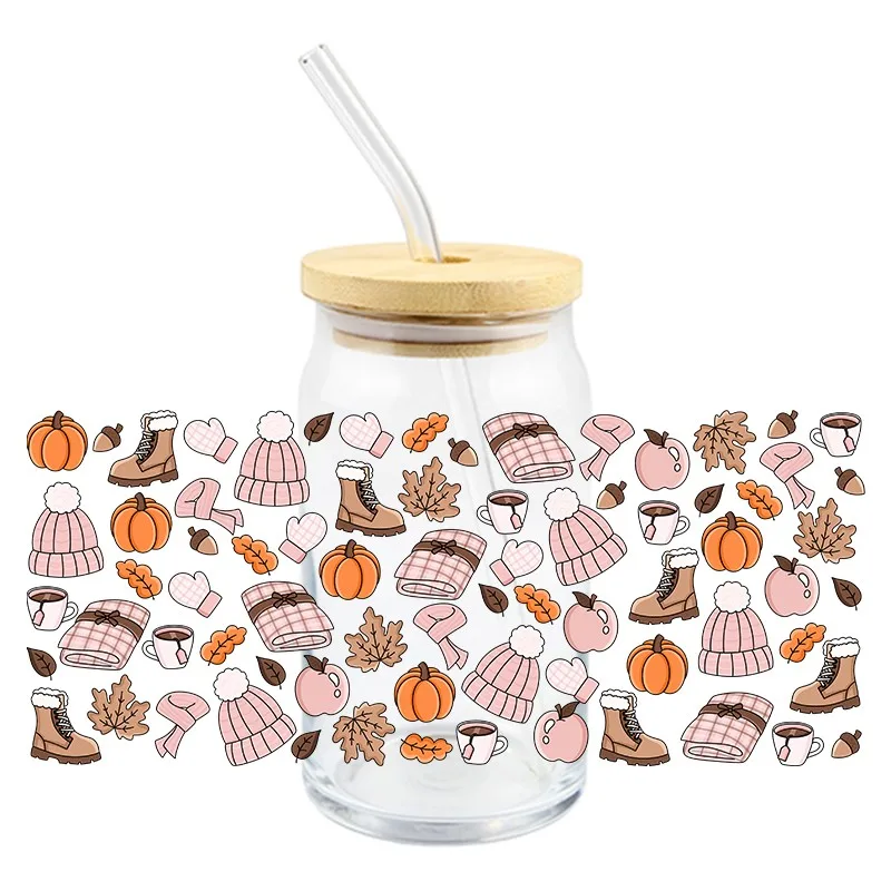 16OZ UV DTF Fall Design Cup Wrap Transfers Stickers Food Pumpkin Cartoon Series Designs For DIY Libby Glass Waterproof Custom