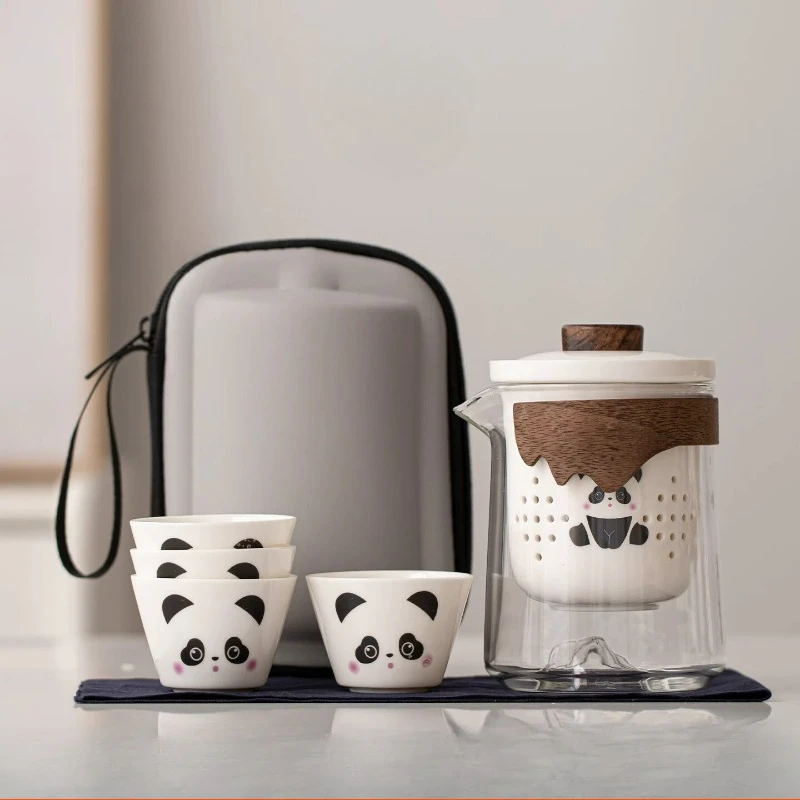 Panda Portable Travel Tea Set One Pot Four Cups Quick Cups Outdoor Camping Brewing Tea Kettle Companion Gift
