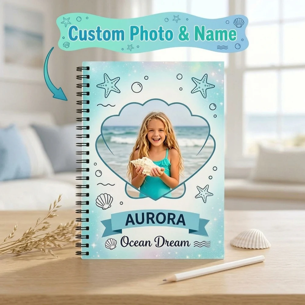 1pc Custom Photo Name Marine Spiral Notebook,Ocean Shell Heart Frame Design,Back To School Gift,Summer Holiday,Beach Trip Diary