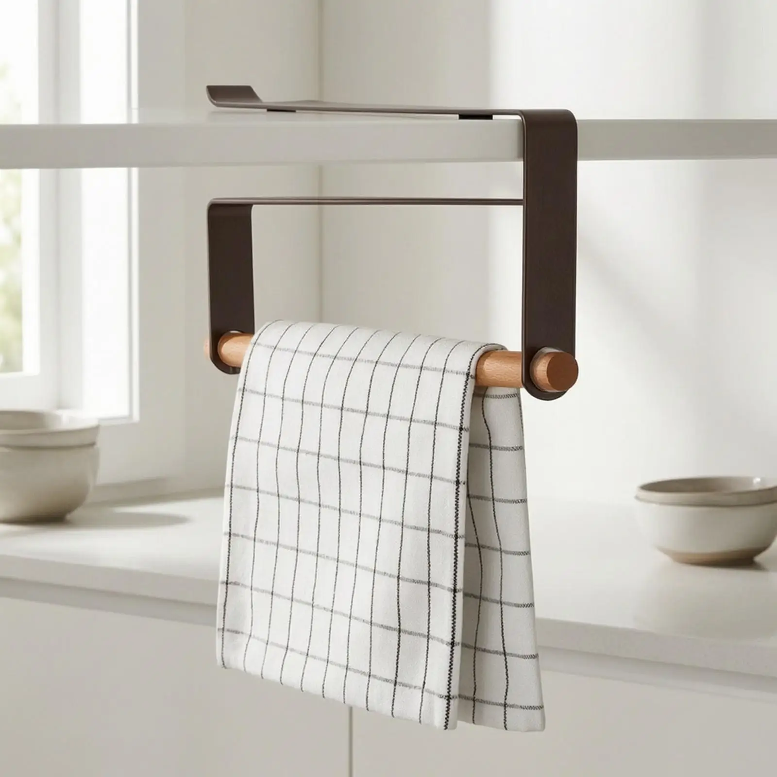 Hanging Towel Rack for Kitchen Cabinet Door with Wooden Bar Carbon Steel Frame for Laundry Cloth Storage