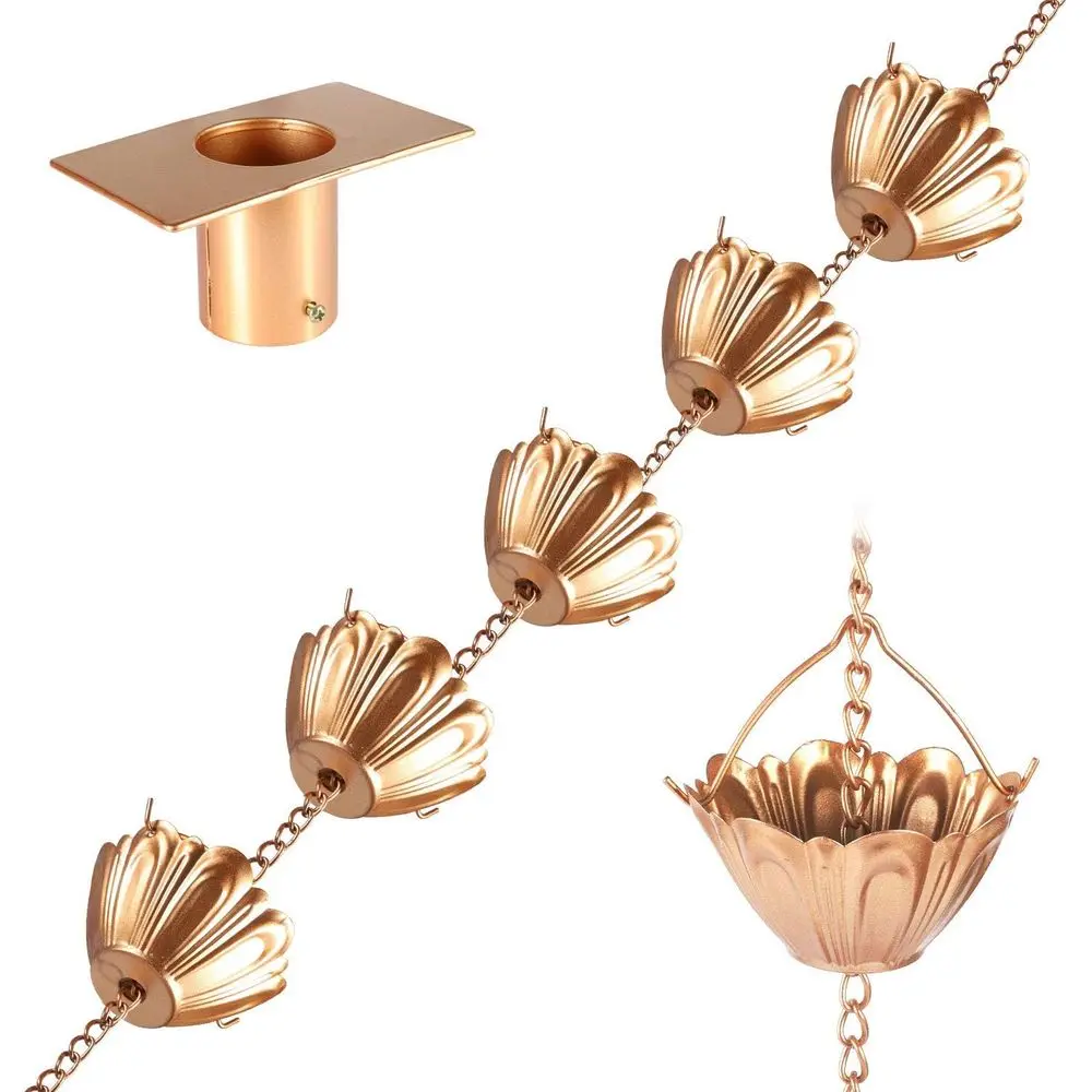 

Дождевой цепной водосток (Rain Chain) 8.5T или водосточные желоба - MG4773 (цвет медный) - Уловитель дождевой воды или водосточный патрубок с адаптером, 10 толстых железных нижних чашек