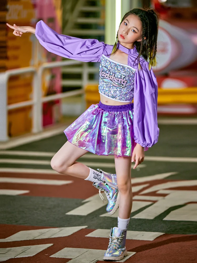 New Modern Dance Hip Hop Clothing For Girls Purple Sequins Outfits Jazz Performance Rave Clothes Children Stage Costumes DN11613