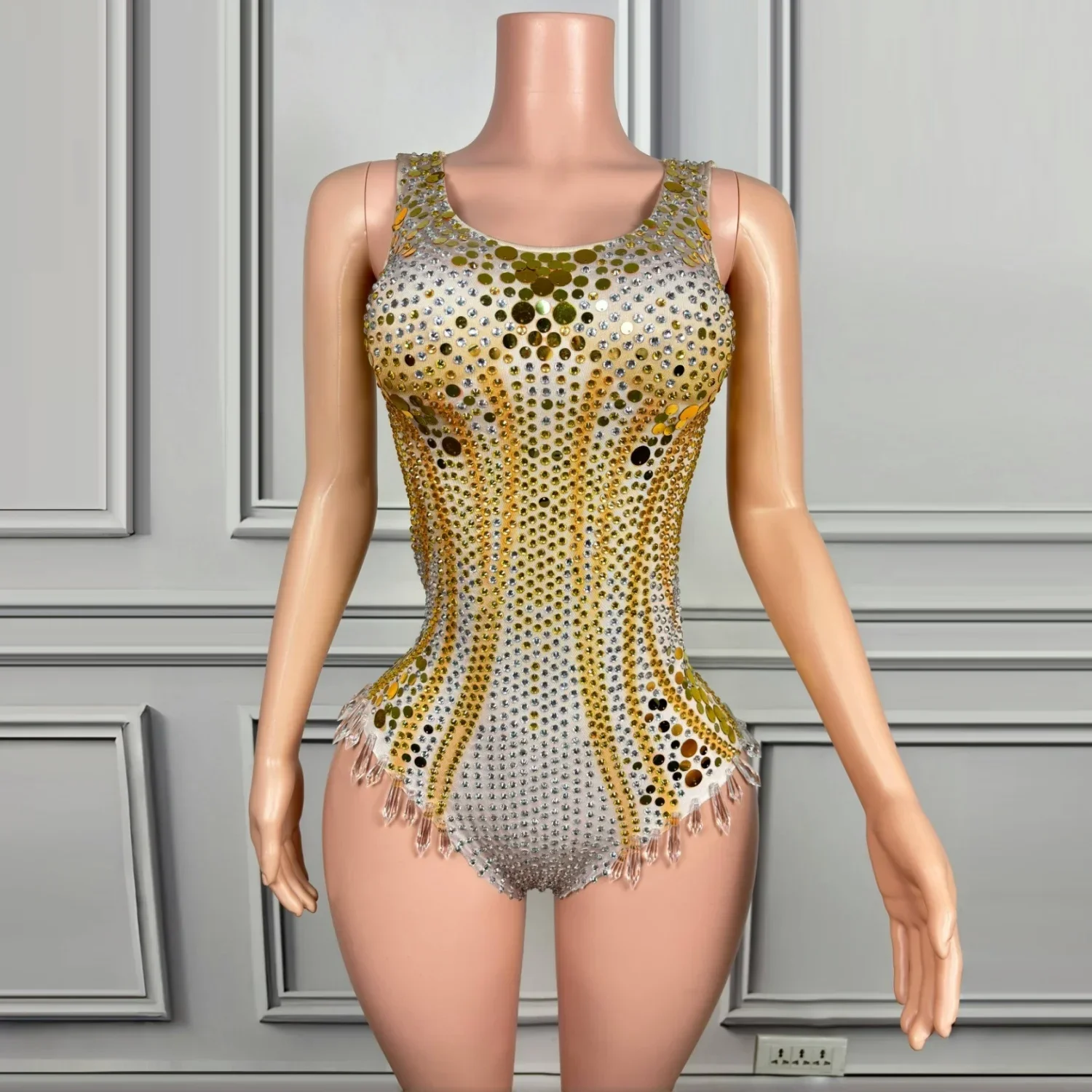 Flashing Sequins Diamonds Crytrals Gold Sexy Bodysuit Evening Party Performance Costume Bar Nightclub Singer Dancer Stage Wear