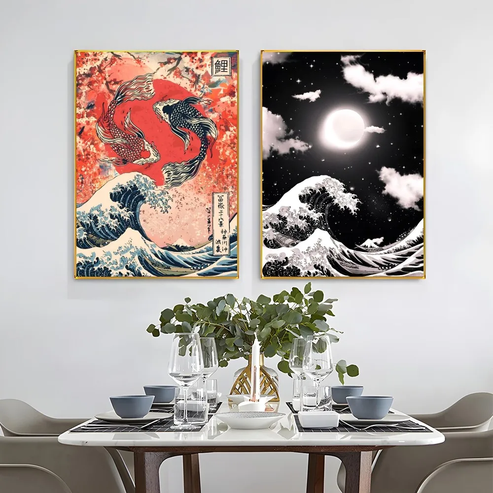 1PC Japanese Waves Poster Self-adhesive Art Waterproof Paper Sticker Coffee House Bar Room Wall Decor