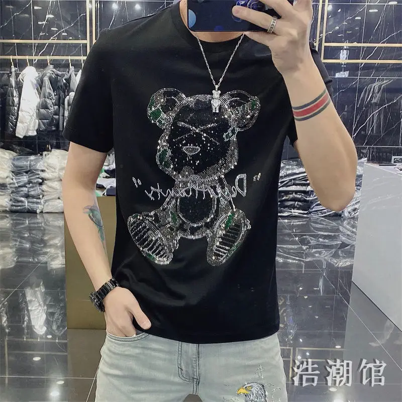 New Summer Luxury Brand Casual Tees for Men O-Neckline Short Sleeve Trendy Rhinestone Teddy Bear Design Men\'s Oversize T-shirt