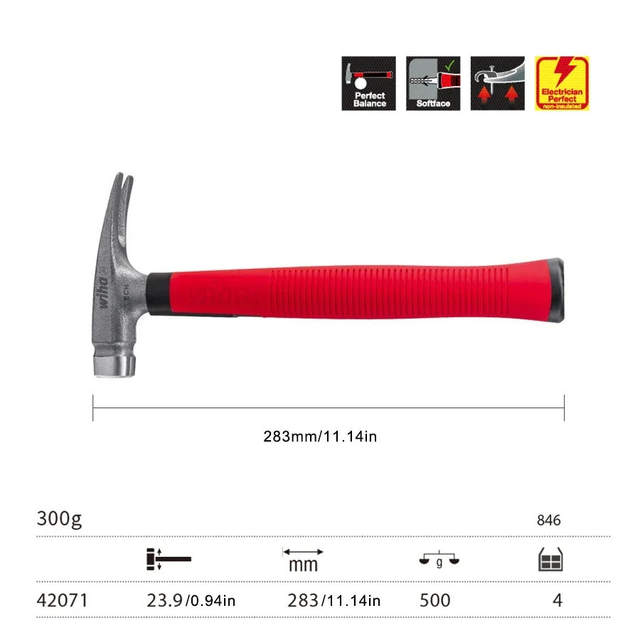 WIHA  Electrician’s Hammer Steel Claw Hammer 300 g Head No Slip Handle Insulated Handle Repair Tool Carpenter Tough Hammer 42071