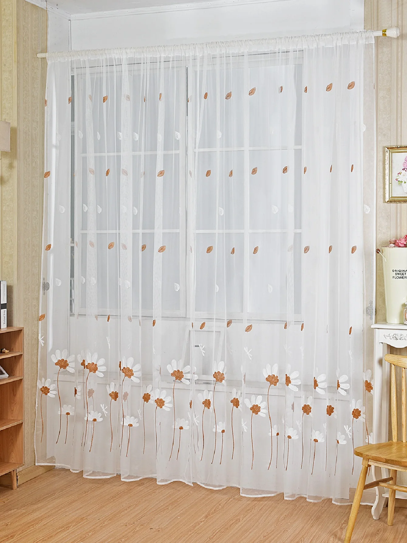 Gauze Curtain for Living Room and Bedroom 1PC Korean Style Small Fresh Flower Feather Embroidery