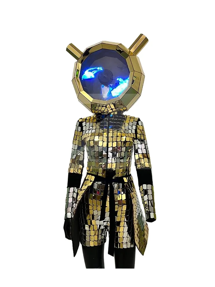 

Gold Silver Mirrors Jacket Men Women Disco Mirrors Ball Helmet Props Dance Bar Show Outfit Stage Festival Costume Dancer Wear