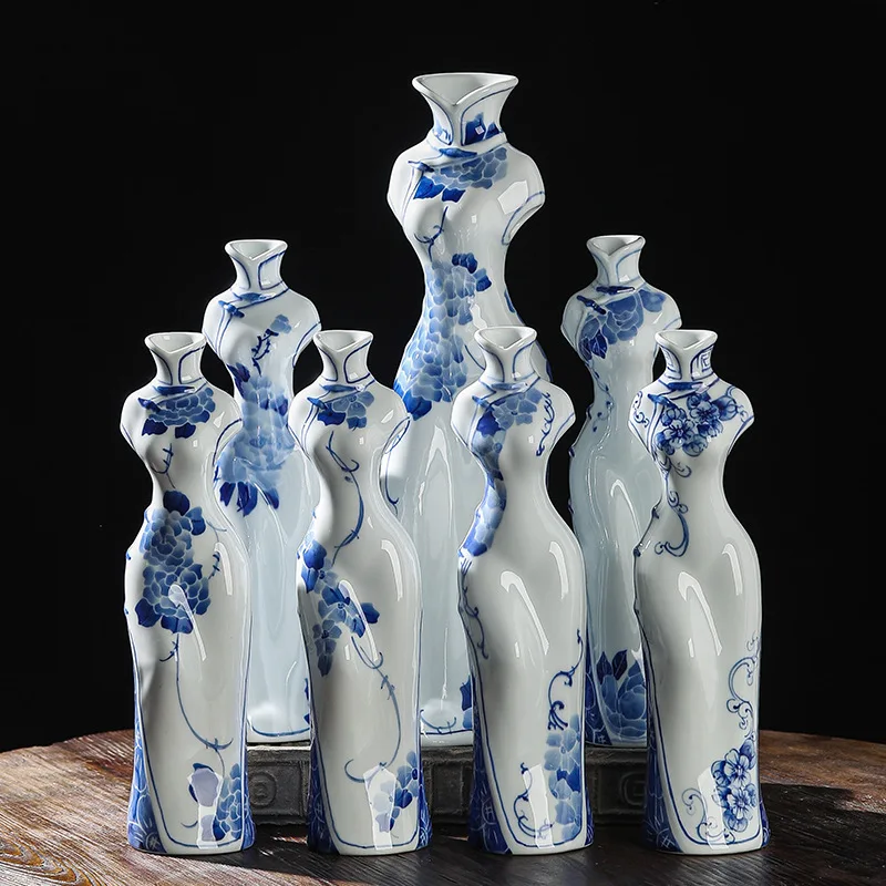 Cheongsam Shaped Blue and White Porcelain Vase, New Chinese Style Ceramic Art Vase for Tabletop Decor