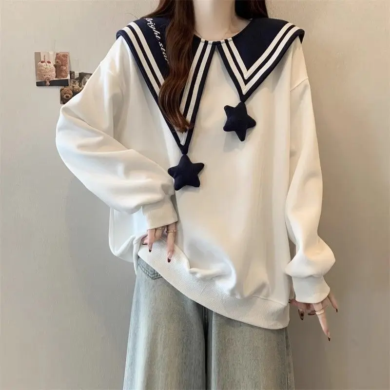 2025 New Western-style Navy Blue Collar Loose Large Lapel Pullover College Style Spring and Autumn Women's Jacket
