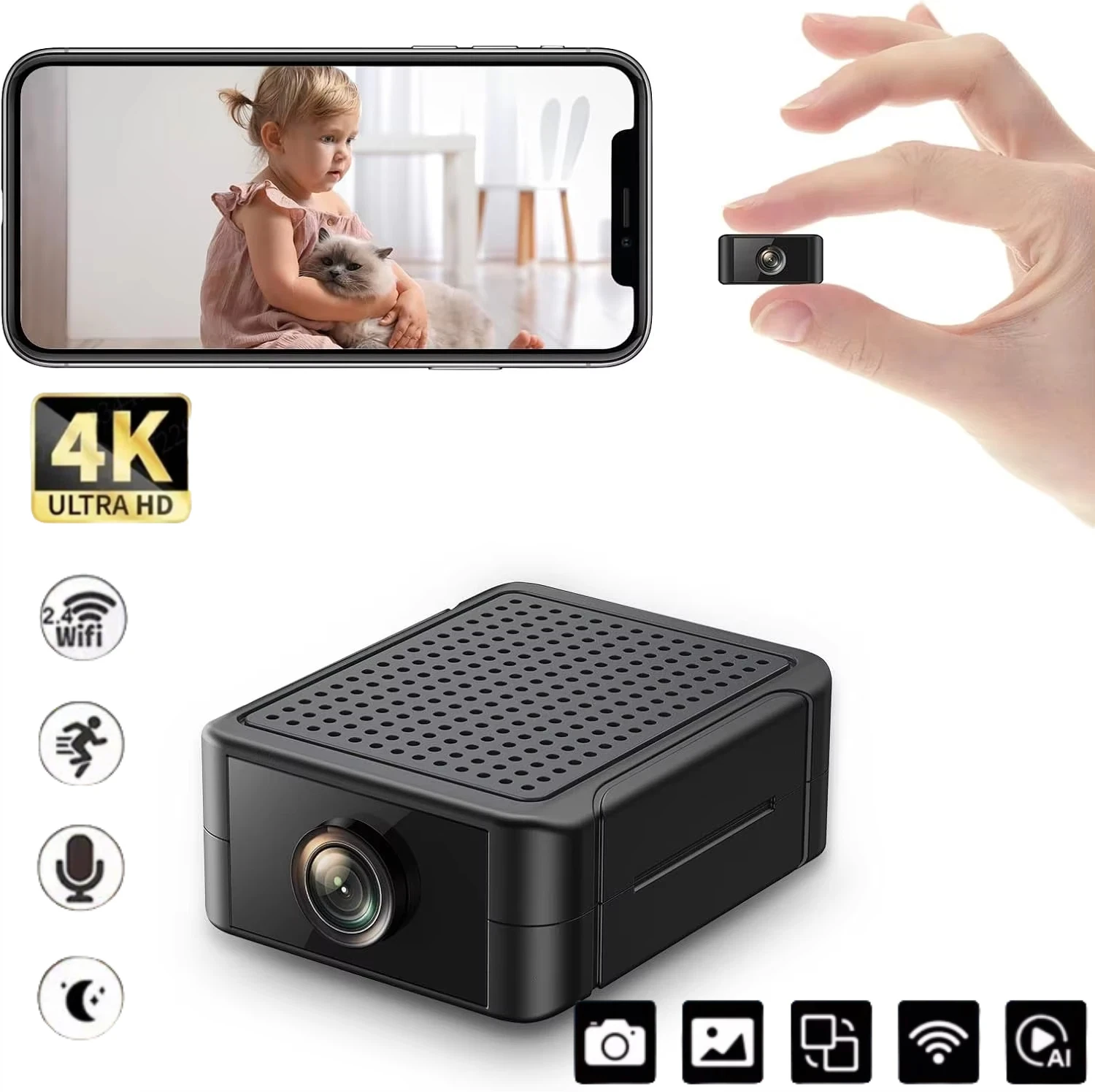 

Крытая мини-камера безопасности 4K, ночное видение, 4H батарея, WIFI, оповещения об обнаружении движения, SD/облако, управление через приложение для телефона, детская камера