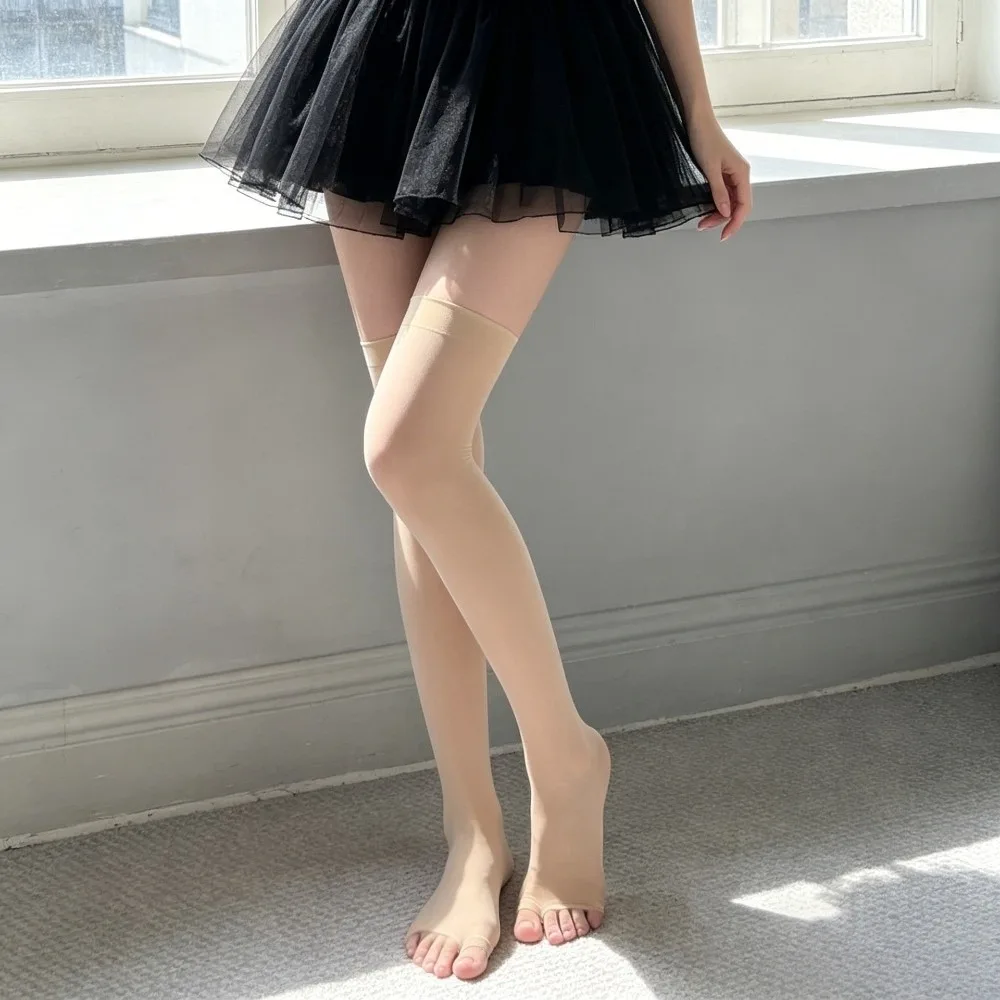 1 Pair Solid Color Sheer Stockings Elastic Breathable Knee High Socks Sun Protection Fish Mouth Design Thigh High Socks