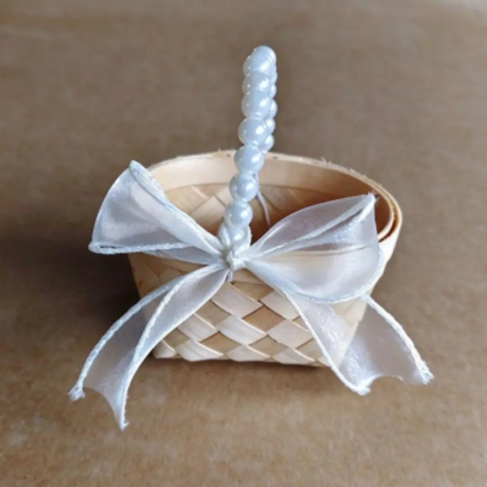 Colorful Ribbon Bow Wedding Candy Storage Basket Mini with Handle Elegant Fruit Bread Organizer Handheld Gift Storage Basket