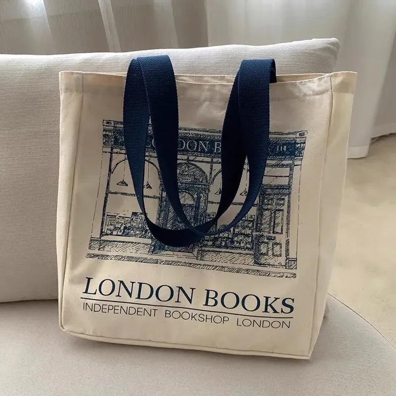 Bolso de hombro de lona con estampado de libros de Londres para mujer, bolsa de mano informal, bolso de mano reutilizable de algodón de gran capacidad para compras y playa