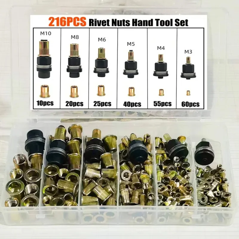 216/304-Piece Rivet Nut and Hand Tool Set, Metric Rivet Nut Assortment (M12/M10/M8/M6/M5/M4/M3)