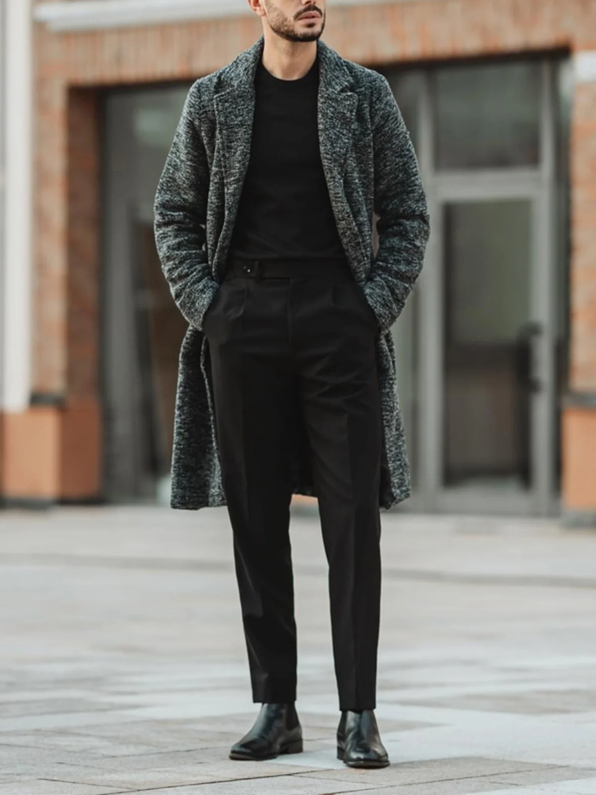 Gray Slim Fit Casual Men's Coat Middle Length Woolen Material Winter Fashion Youthwear Simple European Style One Button Design