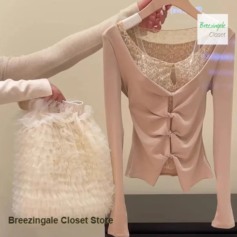 

French pure desire spice girl fake two pieces of lace stitching long-sleeved top women's spring and autumn design sense fashion