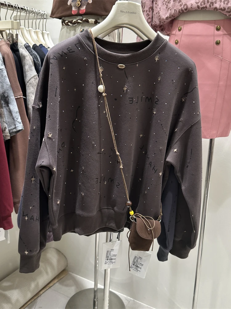 الماس ربيع الخريف المرأة البلوز كل مباراة فضفاضة جولة الرقبة البلوز أعلى طويلة الأكمام عارضة الإناث القطن هوديي قمم #1